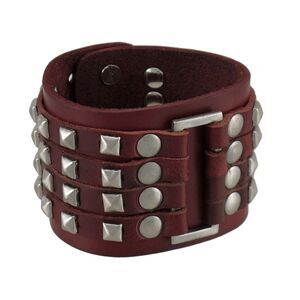 Brown Leather 4 Row Chrome Pyramid Stud Wristband